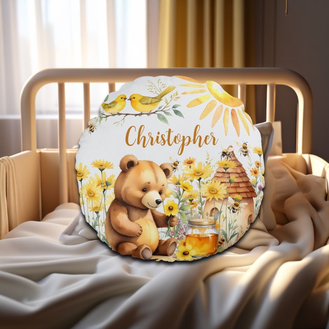 Custom Name Honey Bees Teddy Bear Round Cushion (Creator Uploaded)