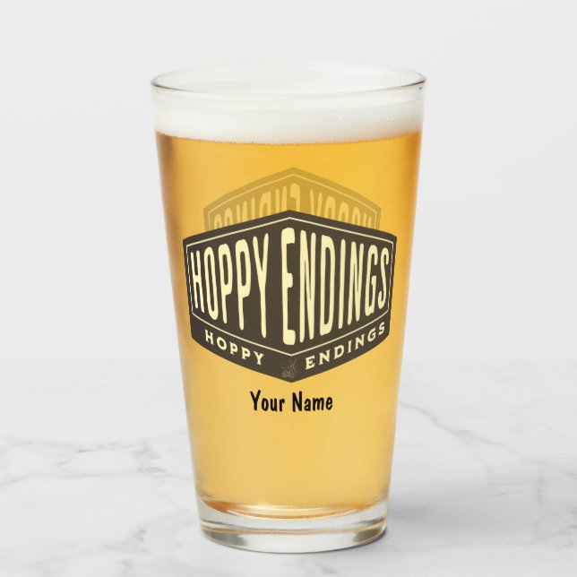 Custom Name Hoppy Endings Funny Pint Beer Glass (Front Filled)