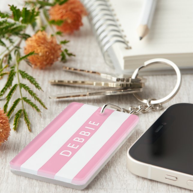 Custom name horizontal stripes pink & white key ring (Front Right)
