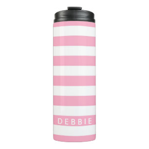 Custom name horizontal stripes pink & white thermal tumbler