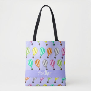 Custom name hot air balloon blue tote bag