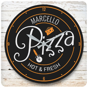 Custom NAME Hot Fresh Italian Pizza Pizzeria Round Clock