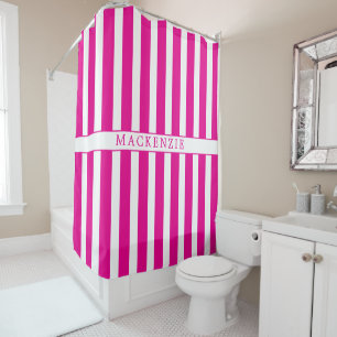 Custom Name Hot Pink and White Vertical Striped Shower Curtain