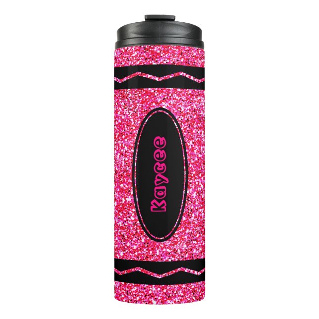 Custom Name Hot Pink Glitter Crayon Drink Tumbler (Front)