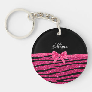 Custom name hot pink glitter zebra stripes bow key ring