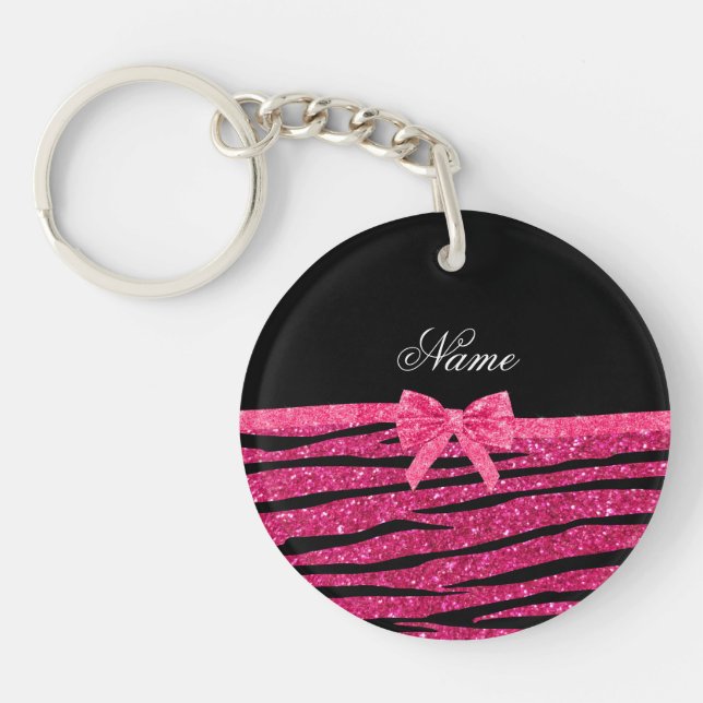 Custom name hot pink glitter zebra stripes bow key ring (Front)