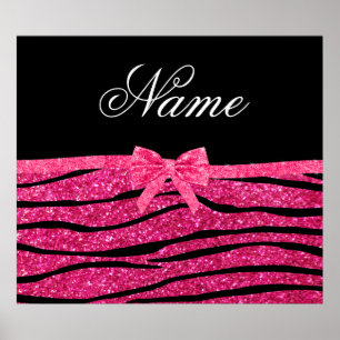 Custom name hot pink glitter zebra stripes bow poster