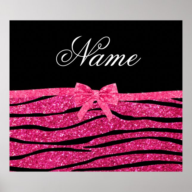 Custom name hot pink glitter zebra stripes bow poster (Front)