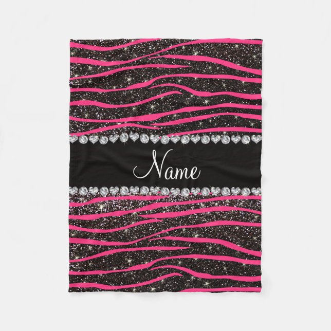 Custom name hot pink zebra stripes black glitter fleece blanket (Front)