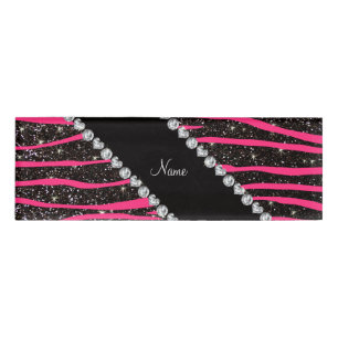 Custom name hot pink zebra stripes black glitter name tag