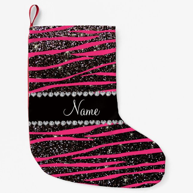 Custom name hot pink zebra stripes black glitter small christmas stocking (Front)