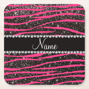 Custom name hot pink zebra stripes black glitter square paper coaster