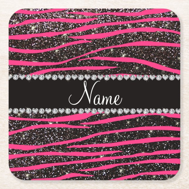 Custom name hot pink zebra stripes black glitter square paper coaster (Front)