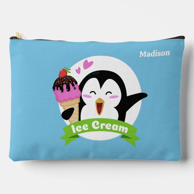 Custom Name Ice Cream Penguin Accessory Pouch (Front)