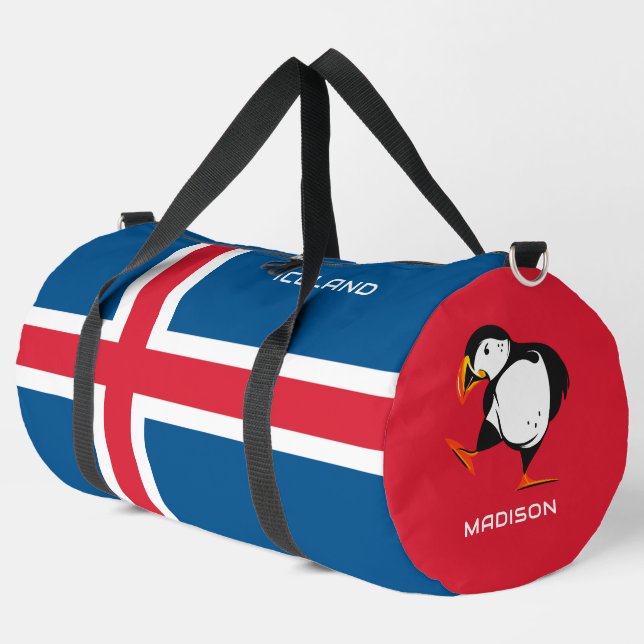 Custom Name Iceland Flag with Puffin Duffle Bag (Left Corner)