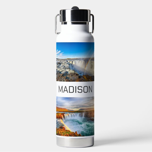 Custom Name Icelandic Waterfalls Water Bottle (Front)