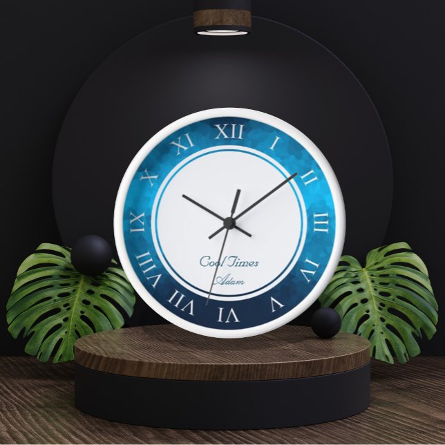 Custom Name & Image Crystallised Blue Background Clock (Custom Name & Image Crystallized Blue Background Clock by Looly Elzayat)