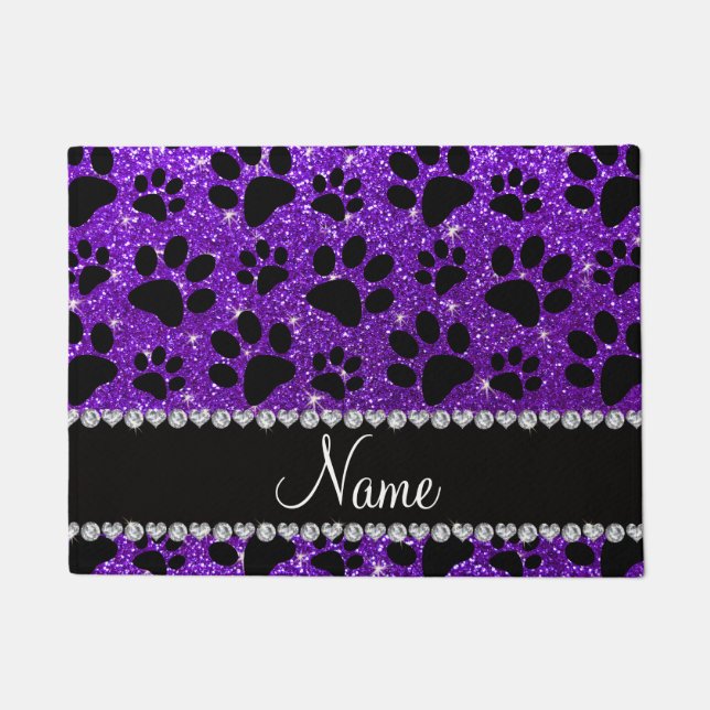 Custom name indigo purple glitter black dog paws doormat (Front)