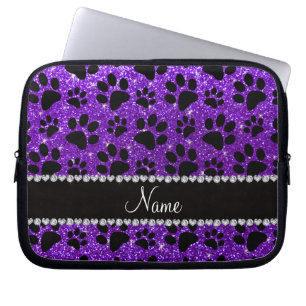 Custom name indigo purple glitter black dog paws laptop sleeve