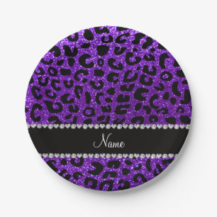 Custom name indigo purple glitter cheetah print paper plate