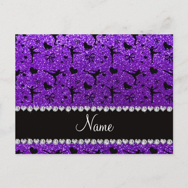 Custom name indigo purple glitter figure skating postcard (Front)