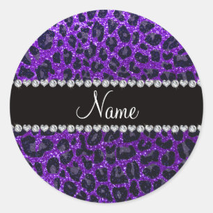 Custom name indigo purple glitter leopard print classic round sticker
