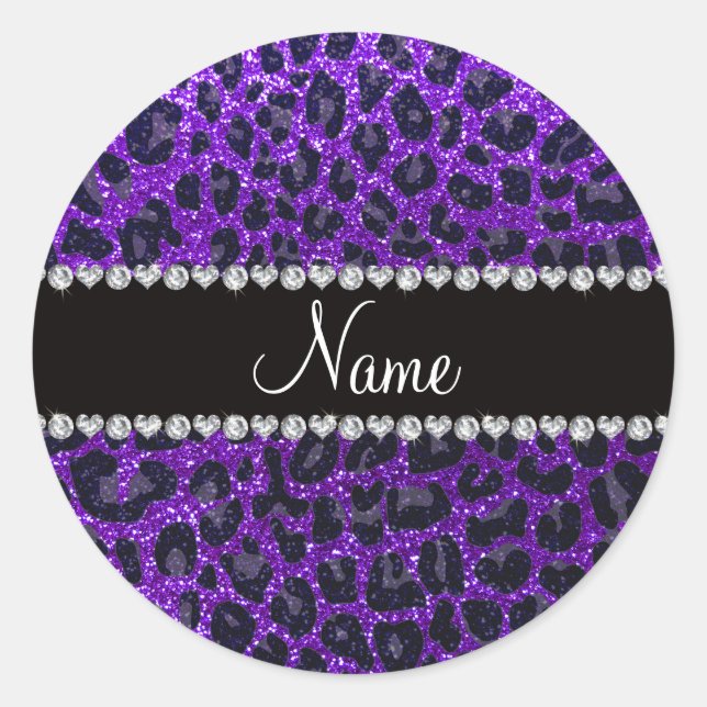 Custom name indigo purple glitter leopard print classic round sticker (Front)