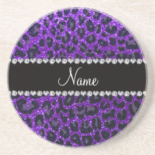Custom name indigo purple glitter leopard print coaster