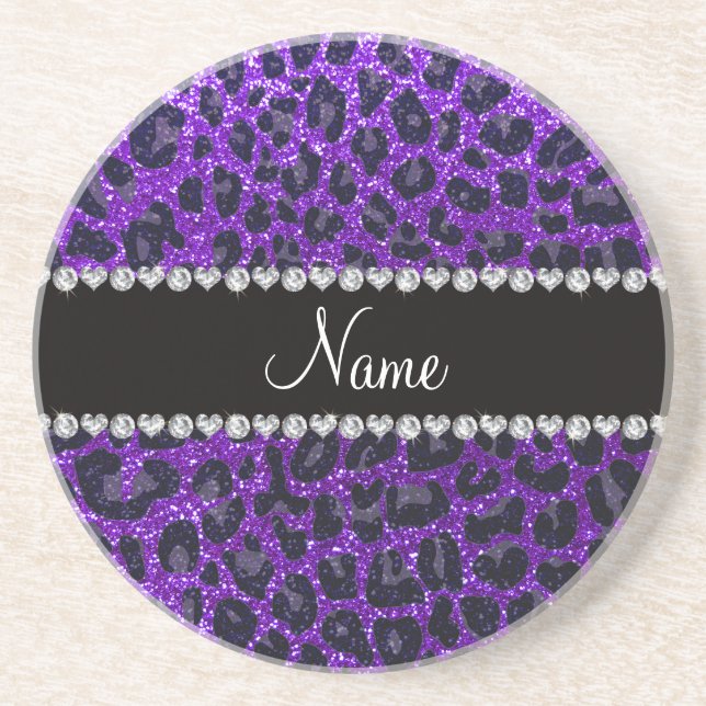 Custom name indigo purple glitter leopard print coaster (Front)