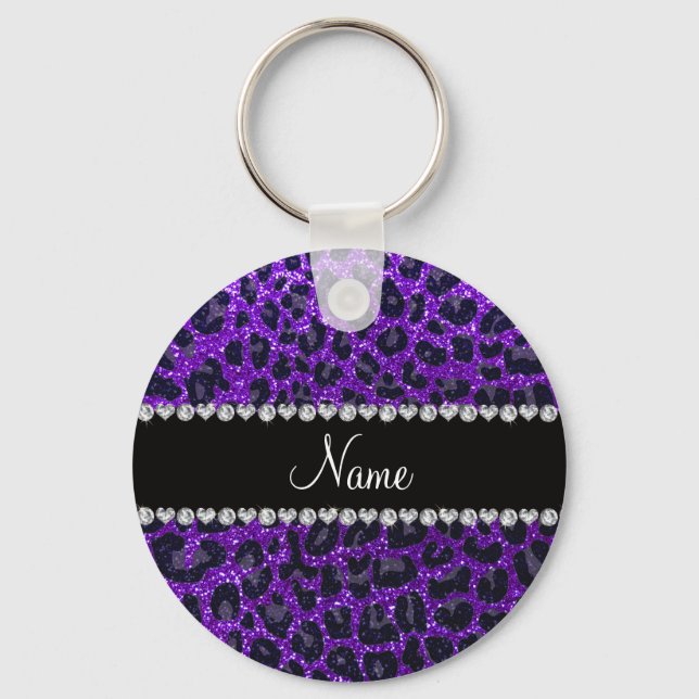 Custom name indigo purple glitter leopard print key ring (Front)