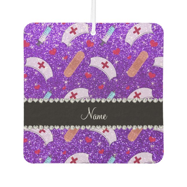 Custom name indigo purple glitter nurse hats heart car air freshener (Front)