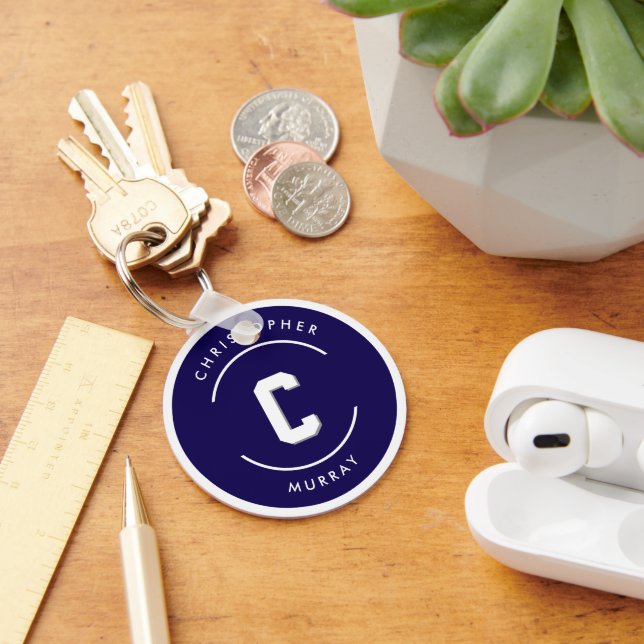 Custom Name Initial Alphabet Text Navy Circle  Key Ring (Desk)