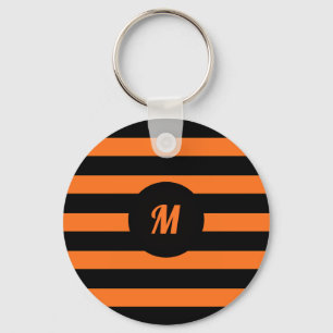 Custom Name Initial Black & Orange Stripes Key Ring