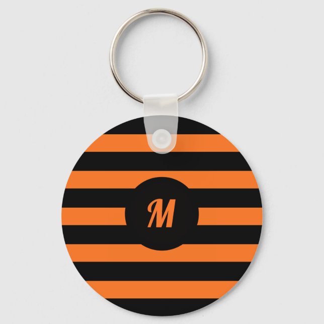 Custom Name Initial Black & Orange Stripes Key Ring (Front)