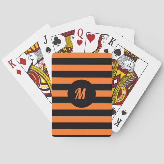 Custom Name Initial Black & Orange Stripes Playing Cards (Back)