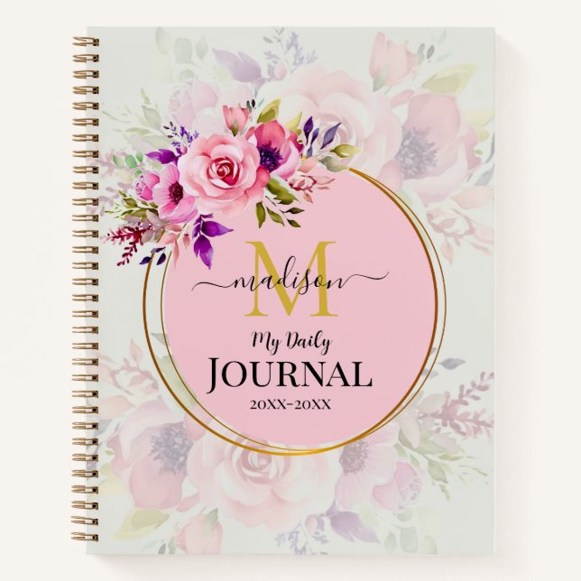 Custom Name & Initial Pink Watercolor Floral Notebook (Front)
