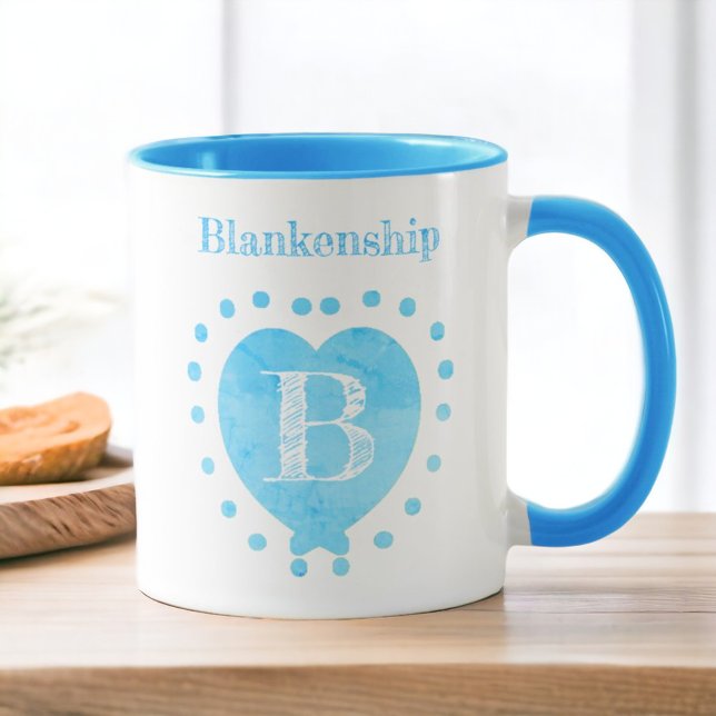 Custom Name Initial Polka Dot Blue Heart Mug (A custom blue heart ceramic mug with the same design on both sides of the handle.)