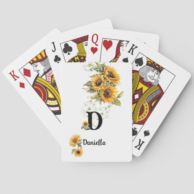 Custom Name Initial Rustic Sunflowers Yellow Playing Cards (Back)