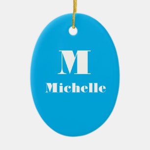 Custom Name Initial Solid Colour Blue Ceramic Ornament