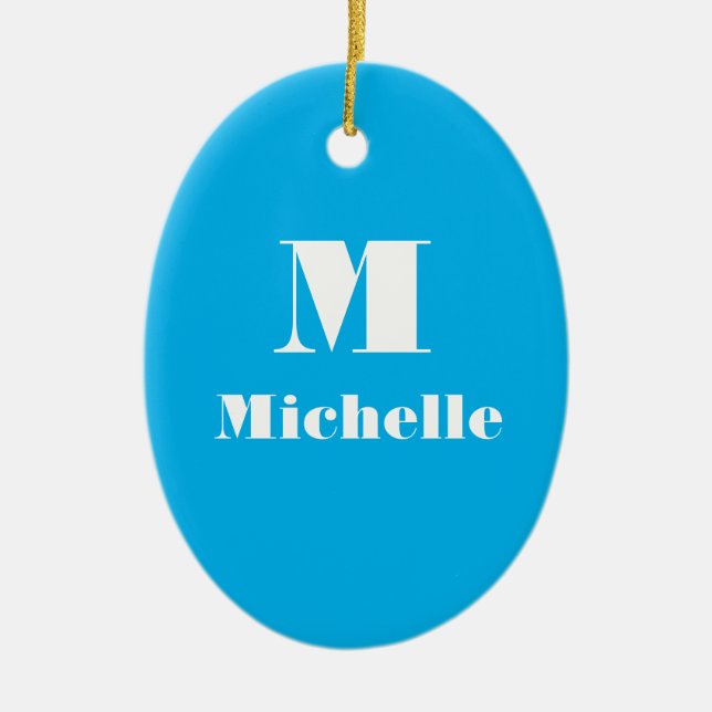 Custom Name Initial Solid Colour Blue Ceramic Ornament (Front)