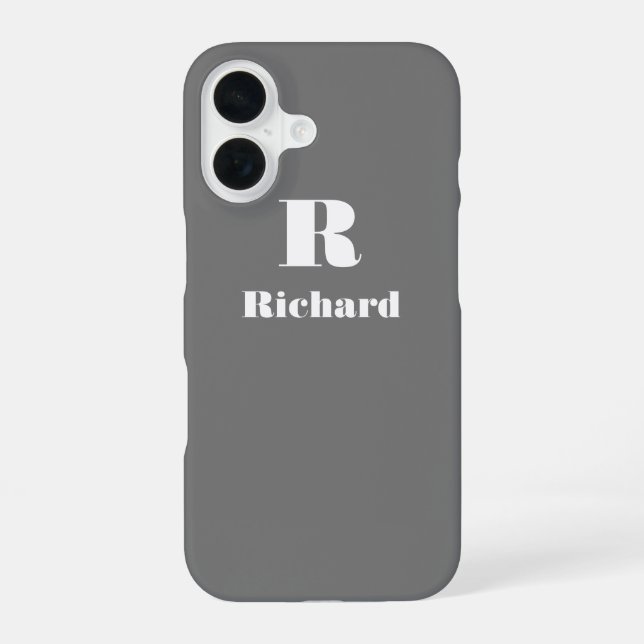 Custom Name Initial Solid Colour Grey iPhone 16 Case (Back)