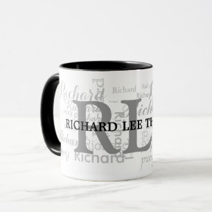 custom name initials personalised typography b&w mug