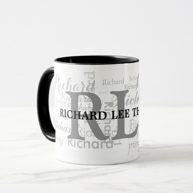 Custom Name Initials Personalised Typography b&w Mug (Front Left)