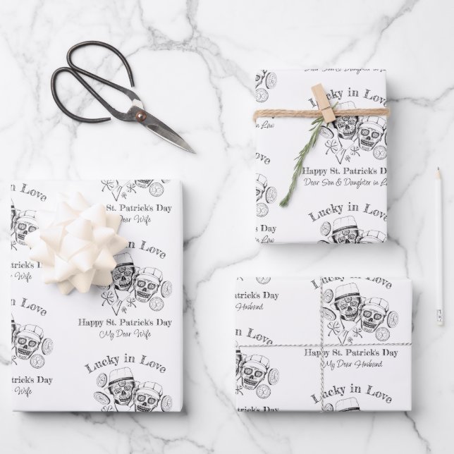 Custom Name Irish Sugar Skull Couple Lucky in Love Wrapping Paper Sheet (Front)