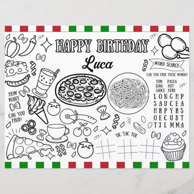 Custom Name Italian Birthday Colouring Sheet  (Front)