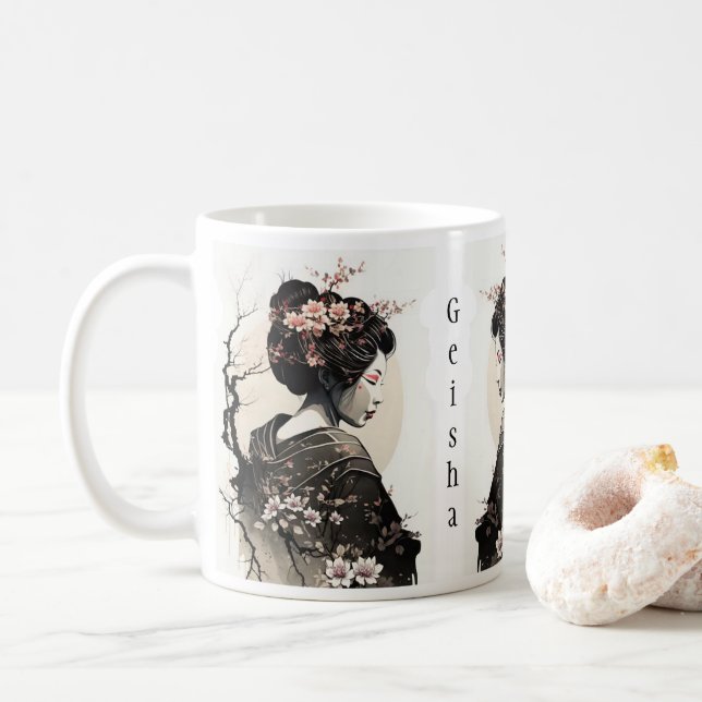 Custom Name Japanese Geisha Sakura Floral -  Coffee Mug (With Donut)