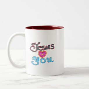 Custom Name Jesus Loves You with Pink Heart Two-Tone Coffee Mug