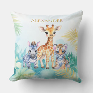 Custom Name Jungle Baby Zebra Giraffe and Tiger Cushion