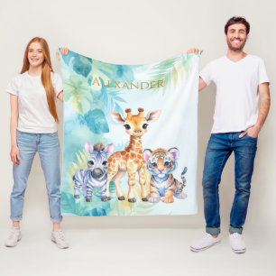 Custom Name Jungle Baby Zebra Giraffe and Tiger Fleece Blanket