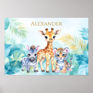 Custom Name Jungle Baby Zebra Giraffe and Tiger Poster